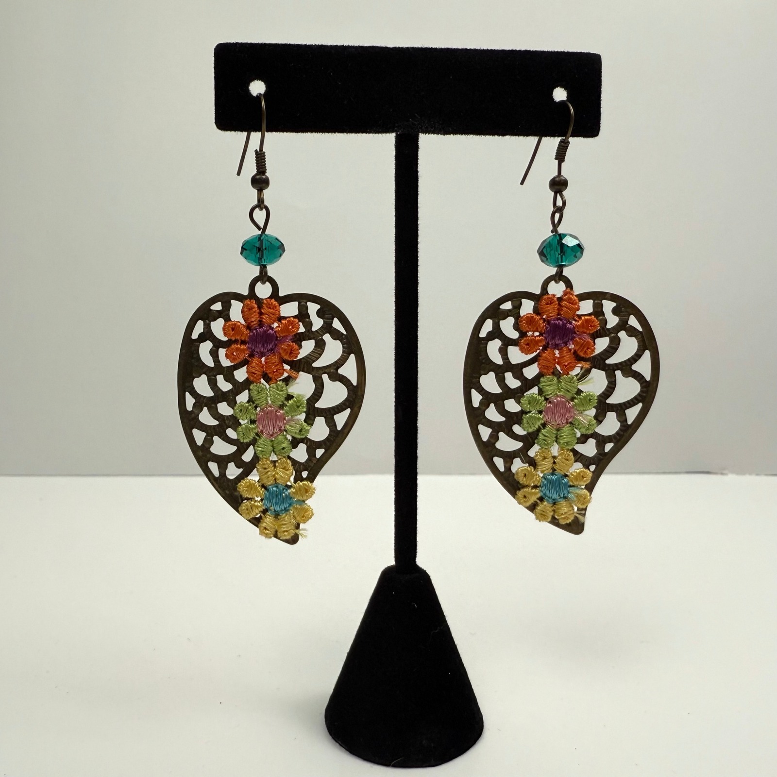 Filigree Floral Crochet Leaf Earrings Dangle Boho Bronze Tone Fashion Jewelry